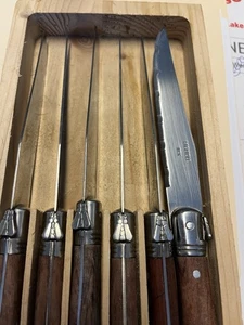 Juego de 6 cuchillos para carne Laguiole Acier Inox mango de madera con caja de acero inoxidable Francia - Imagen 1 de 5