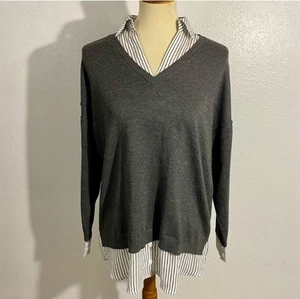 NEW Adrianna Papell V-Neck Twofer Pullover Sweater Women’s Size M Gray White - Picture 1 of 11