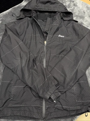ASICS black and white windbreaker jacket with removable hood in good shape but o - Image 1 of 4