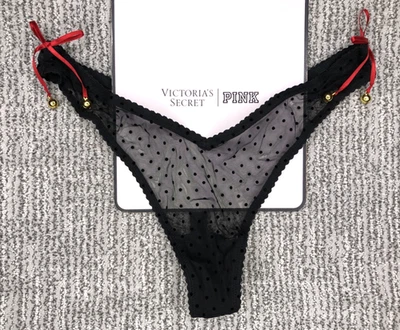 Victoria's Secret Very Sexy NWT Large Black Jingle Bell Mesh Thong Panty Bow - Image 1 of 4