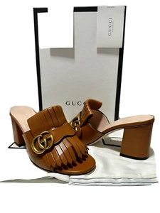 NUEVOS Gucci US 6.5 EU 36.5 Zapatos Marmont GG Flecos Cuero Marrón Tacón Medio Sandalias - Imagen 1 de 11