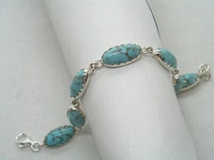 925 Silver Bracelet With Synthetic Gemstones - Imitation Turquoise - - Picture 1 of 8