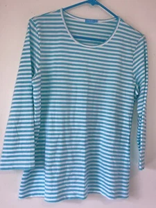 J. McLaughlin Blue & White Striped 3/4 Sleeve Cotton Blend Top Size Large - Picture 1 of 5