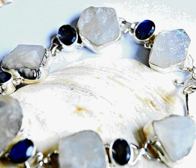 Bauhaus Art 925er Silber Armband 20 - 21 cm Mondstein Weiß Rohstein Labradorit - Bild 1 von 4