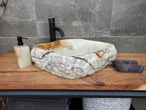 Grüner und bernsteinfarbener Onyx mit grauem Schiefer Stein Gefäß Badezimmer Waschbecken, 20,5 x 16 Zoll - Bild 1 von 21