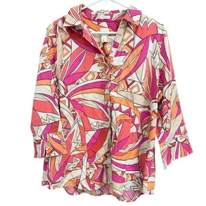 Chico's 3 Button Down Shirt 3/4 Sleeve Abstract Pattern Pink Orange Tan - Picture 1 of 8