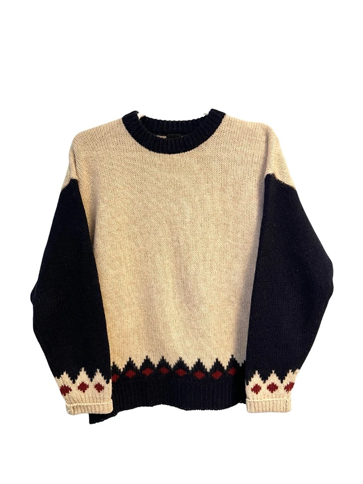 Vintage 90s Structure Shetland Wool Sweater XL Cream Navy Fair Isle Knit - Image 1 of 4
