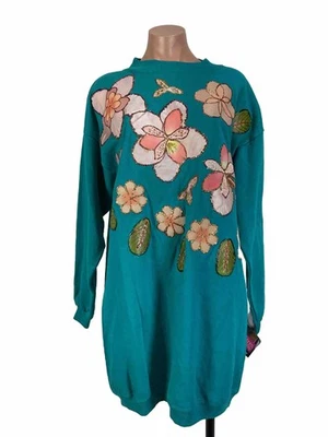 Vintage Hanes Her Way Sweatshirt Dress Floral Gold Accent Embellished Crewneck - Image 1 of 4