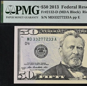2013 $50 Federal Reserve Note PMG 66EPQ - Fancy Radar Serial Number 33277233 - Picture 1 of 3