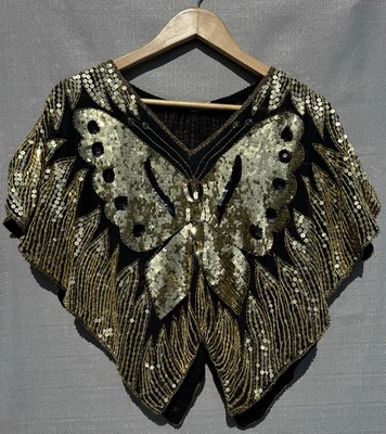 Top mariposa lentejuelas seda vintage dorado negro 100 % seda con cuentas a mano Foto 1 de 2