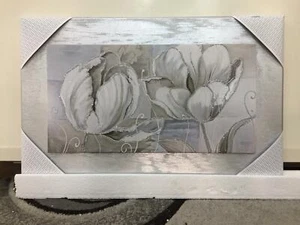 QUADRO MODERNO CON TELA A FIORI E GLITTER E CORNICE IN LEGNO ARGENTO - Picture 1 of 3