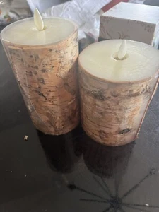 2 Pottery Barn Flickering Flameless Wax Pillar Candles Textured Birch New - Picture 1 of 4