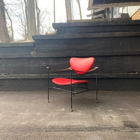 1950's Midcentury Modern Red Leather and Iron Sling Lounge Chair Cover