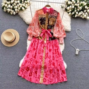 Spring Summer Vintage Floral Print Stand High Mock Neck Belt Long Sleeve m-xxl - Picture 1 of 3
