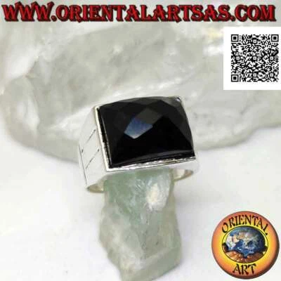 Anello in Argento 925‰ onice rettangolare orizzontale sfaccettata su montatura l - Immagine 1 di 4