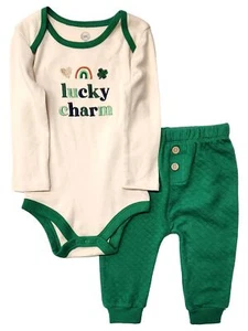 Infant Boys Beige Lucky Charm Baby Outfit St Patricks Bodysuit & Pants 3-6m - Picture 1 of 2