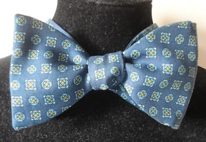 Vintage Mens Pure Silk Bow Tie Blue & Gold Geometric Print Adjustable Neck Fit - Picture 1 of 5