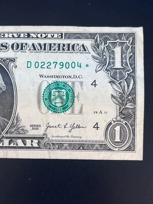 $1 Bill 2021 Series One Dollar Bill STAR Note  FRB "D" Cleveland, OH - Image 1 of 4