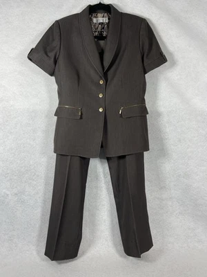 Traje Pantalón Tahari Asl 2PC Mujer’s 10 Marrón Blazer Botones Manga Corta Foto 1 de 4
