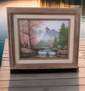 Signed Vintage Original Oil Painting Landscape Snow  Mountains Waterfall - Picture 1 of 14