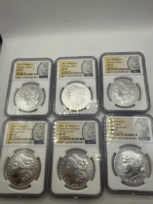 NGC MS70 2021 Morgan and Peace Silver Dollar 6-Coin Set First Day Issue #50171 - Image 1 of 2