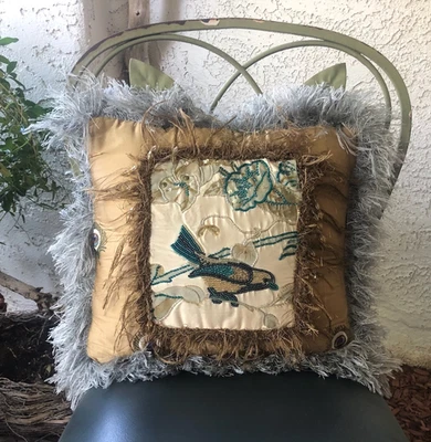 D. Harrison & Co Couture 织物艺术串珠鸟艺术枕头 11x13 罕见! — 第 1/4 张图片