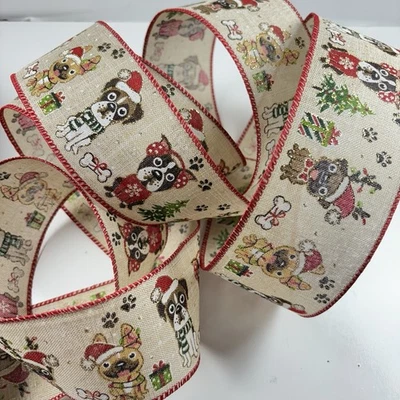 "Cinta con cable para perros de Navidad de 2,5"" x 10 yardas dorada brillo cachorros de vacaciones natural nueva" Foto 1 de 4