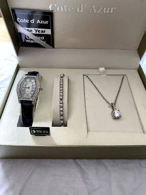 Conjunto de relógio de quartzo, colar e pulseira Cote d' Azur feminino -Novo em folha na caixa - Imagem 1 de 4