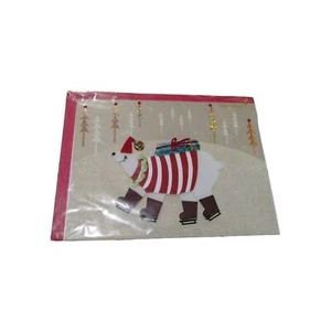 New PAPYRUS Christmas Polar Bear Ice Skating on Glitter Snow & Trees w Envelope - Picture 1 of 2