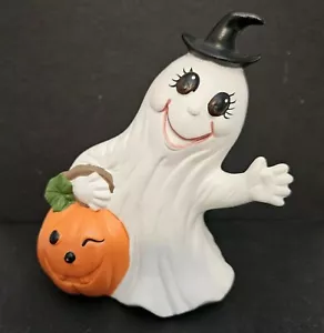 Halloween Keramik lächelnder Geist im Hexenhut mit Jack O Laterne Kürbis 5" - Bild 1 von 9