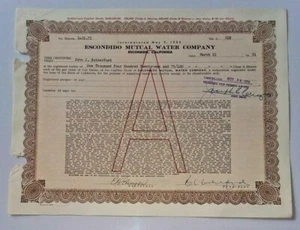 Escondido Mutual Water Company Series A Stock Certificate 1,421 shares; 1951 - Picture 1 of 2