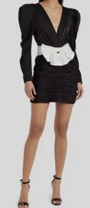 $549 Ronny Kobo Women's Black Margo Ruched Deep V-Neck Bow Dress Size 8 - Picture 1 of 4