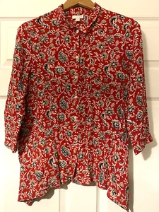 J. Jill red floral button up blouse size L Petite 3/4 sleeve asymmetrical - Picture 1 of 7