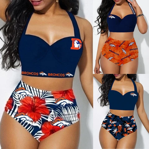 Denver Broncos 2PCS Women's Floral Bikini Butt Lift Swimsuit Bathing Suit Cover