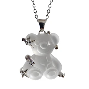 Teddy Bear Pendant Necklace Opalite Shimmer Stone Cute Ladies Gift Jewellery - Picture 1 of 17