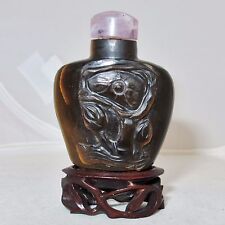 2.2" Chinese Carved Brown & Gold Tiger's Eye Snuff Bottle w/ Lotus & Wood Stand