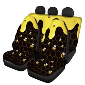 Car Front and Rear Seat Cushion Covers, Yellow Bee Printed Honey Seat Covers - Picture 1 of 14