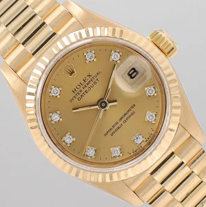 Rolex Ladies Datejust 26mm 18K Gold Champagne Diamond Dial Fluted President Band - Picture 1 of 12