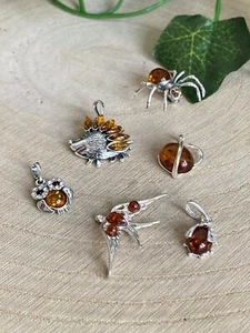 Lote de trabajo colgante ámbar báltico insecto animal plata esterlina 925 coñac - Imagen 1 de 8
