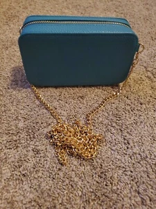 Trish McEvoy Blue  makeup Phone Holder Purse Bag  Crossbody gold chain strap  - Picture 1 of 8