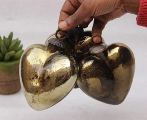 3Pc Vintage Look Silver & Gold Heart Shape 4'' Glass Kugel Christmas Ornaments - Picture 1 of 14