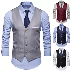Men's V-Neck Suit Vest Formal Slim Fit Business Dress Waistcoat Pockets Coats - Picture 1 of 16