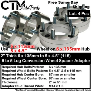4PC 2" THICK 6X135 to 5X4.5 87mm C.B CONVERTION WHEEL ADAPTER SPACER FIT FORD - Picture 1 of 4