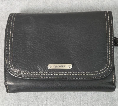 Billetera Dockers de cuero triple pliegue para hombre negra blanca costuras 4,25 x 5 Foto 1 de 4
