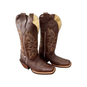Ariat Brown Leather Women's 7.5R Cowboy Boots Square Toe Decorative Stitching - Picture 1 of 10