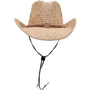 Cappello di Paglia Con Mento Band Marrone Chiaro Cowboy da Sole Estate - Foto 1 di 2