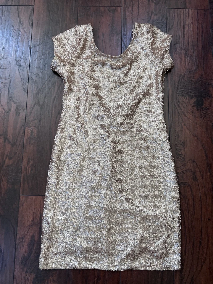 Vestido de fiesta de cóctel con lentejuelas doradas entre bastidores talla M hecho en Australia forrado Foto 1 de 4