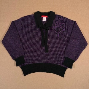 Maglione vintage Halston III Italia viola nero floreale fiocco anni 80 misto lana medio - Foto 1 di 8