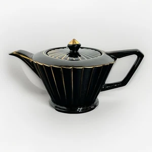 Sadler England Art Deco Black Gold Paneled 4 Cup Teapot 5”H x 9”W - Picture 1 of 17