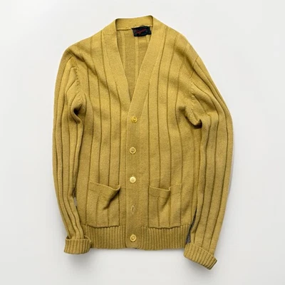 70s Sigallo Cardigan Sweater Mens Size M Pockets Acrylic Cable Knit Camel Yellow - Image 1 of 4